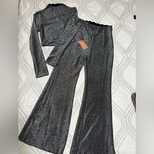 SHEIN glitter flared pants with cropped matching top.